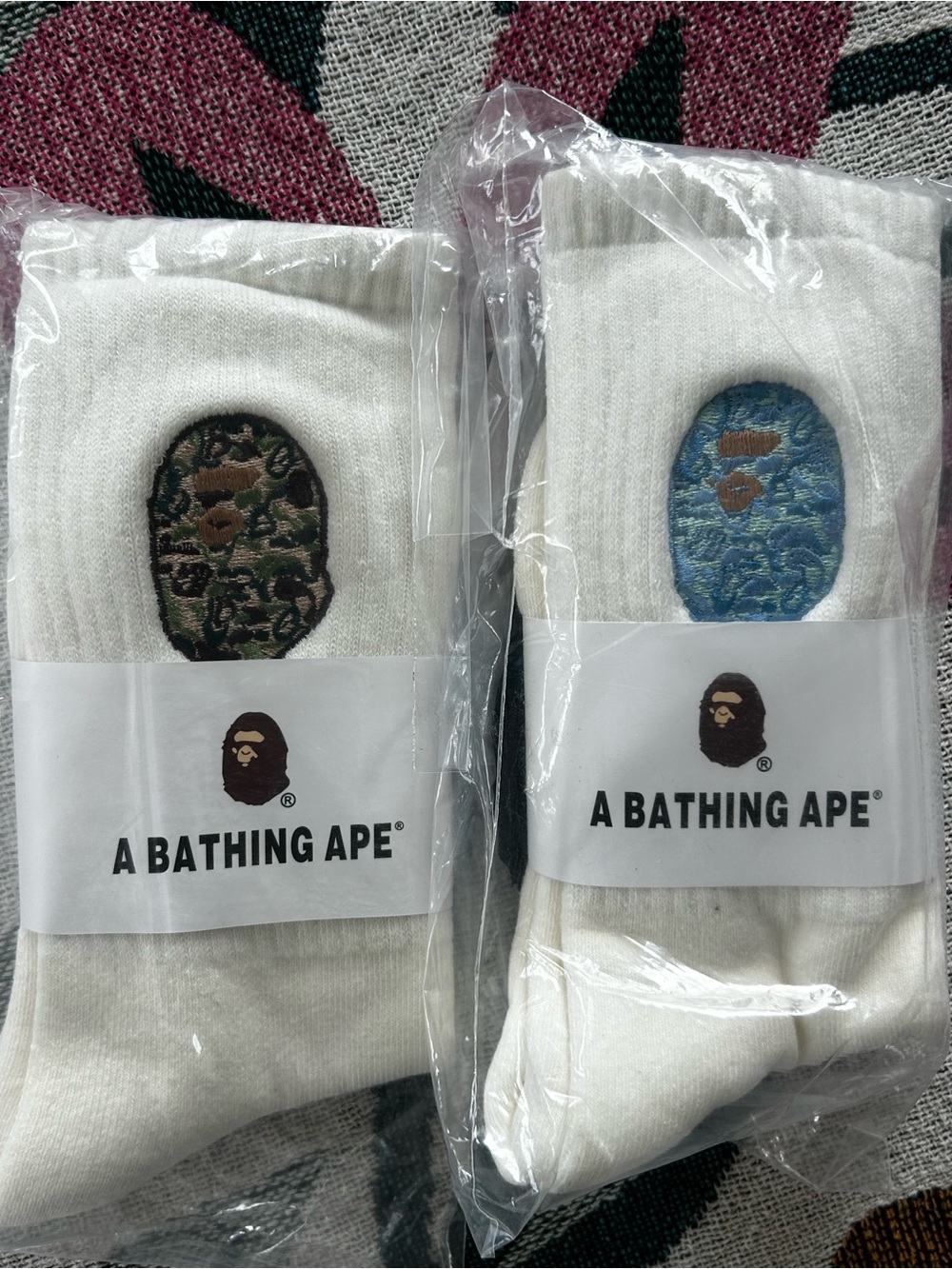 A Bathing Ape White Crew Socks with Camouflage Ape Logo